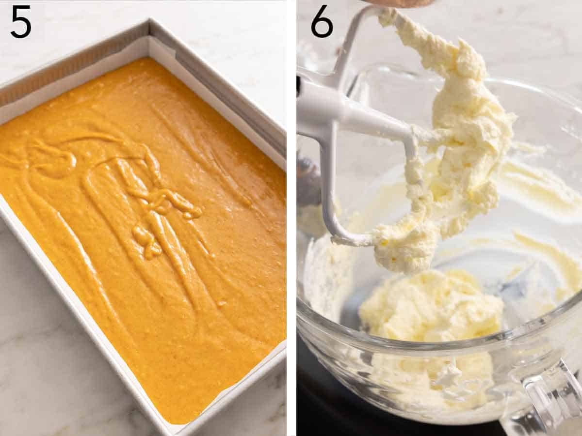 Set of two photos showing the batter poured into a prepared pan and cream cheese beaten.