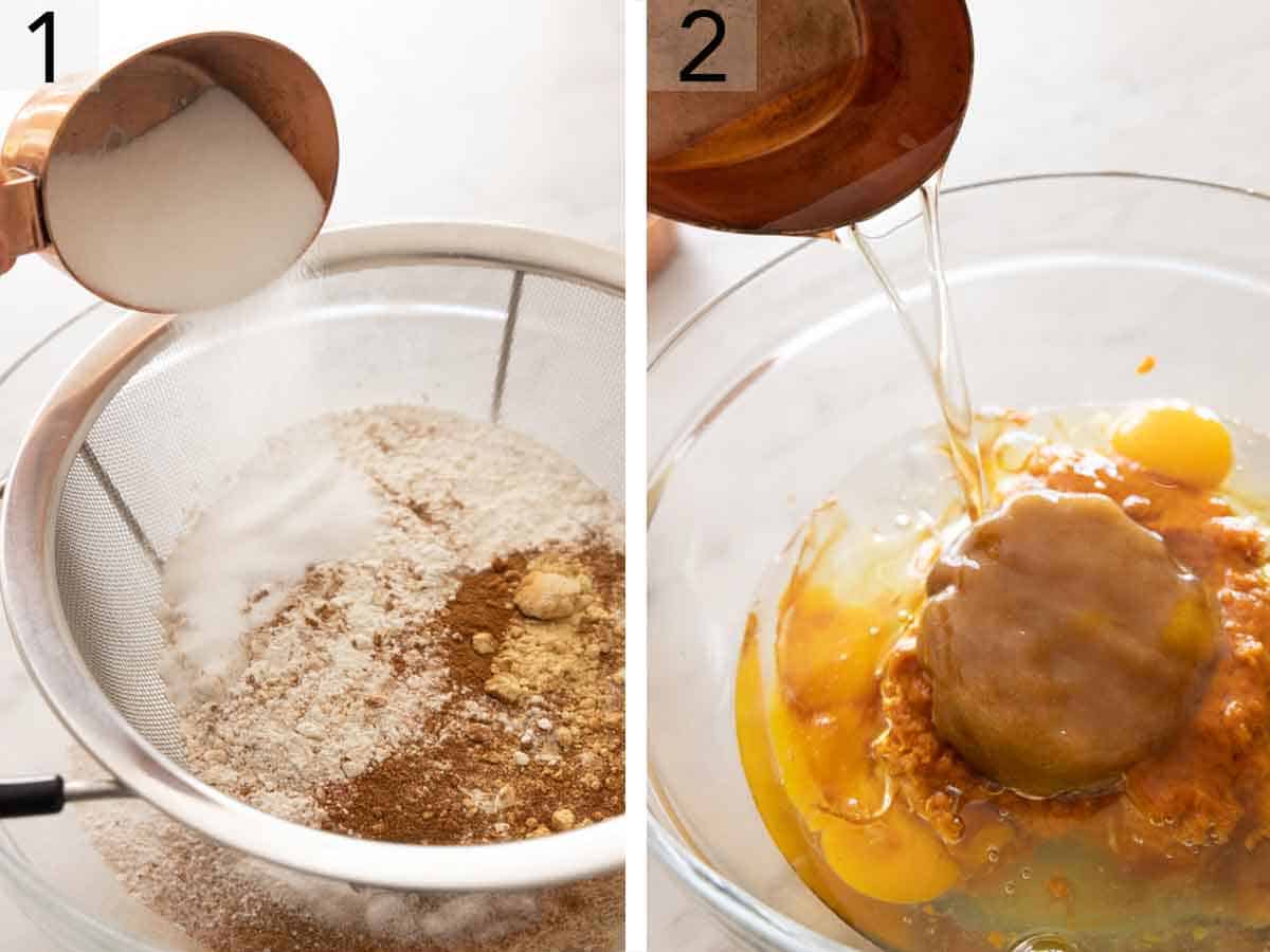Set of two photos showing the dry and wet ingredients combined in separate bowls.