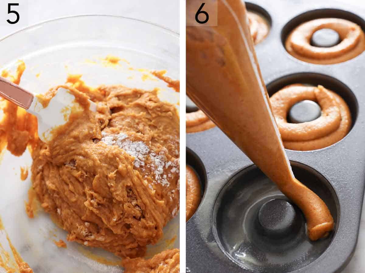 Set of two photos showing the batter mixed and piped into a donut mould.