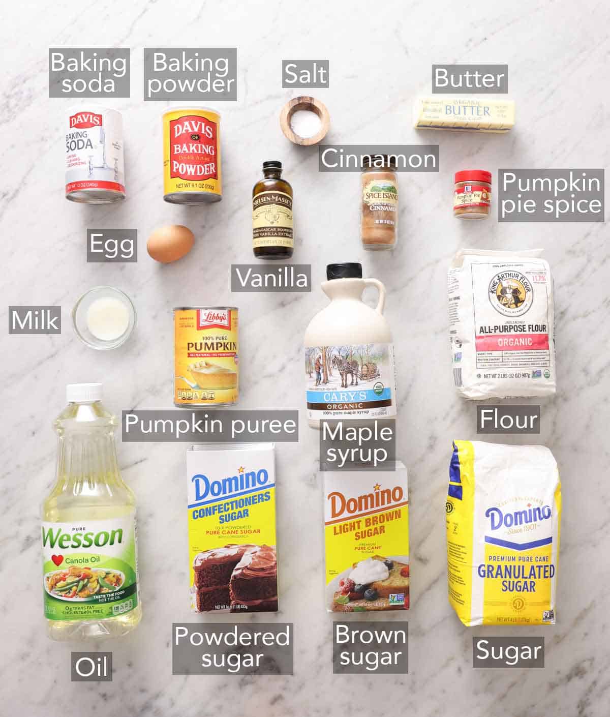 Ingredients needed to make pumpkin donuts.