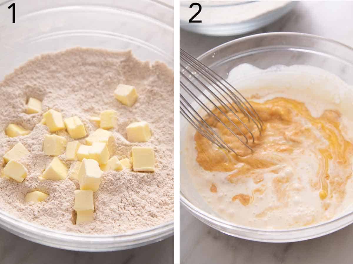 Set of two photos showing cubed butter added to a bowl of flour and second photo showing pumpkin purée, cream, brown sugar, egg, and vanilla.