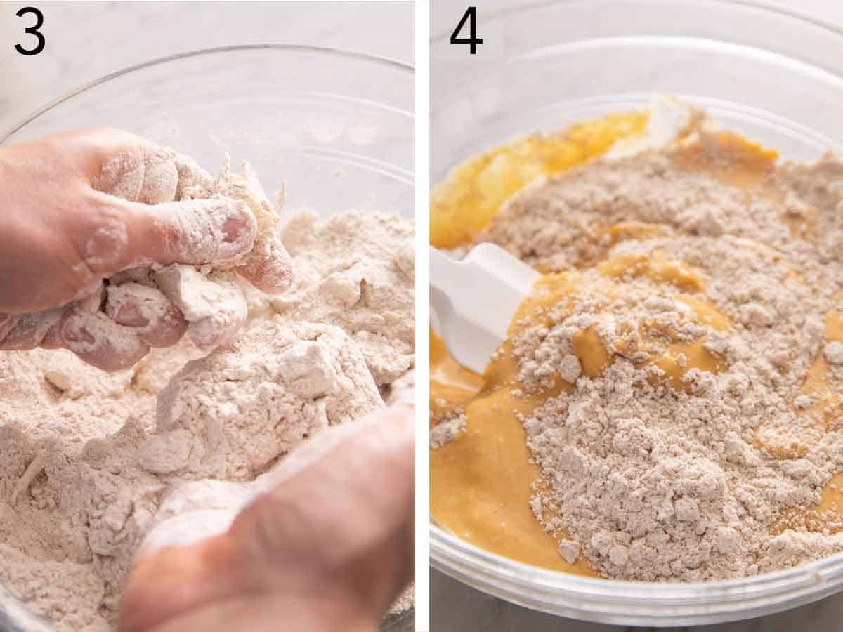 Set of two photos showing butter pressed into flour and then the wet and dry ingredients mixed together.