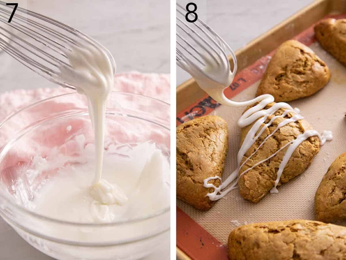Set of two photos showing a glaze being whisked together then drizzled over baked pumpkin scones.