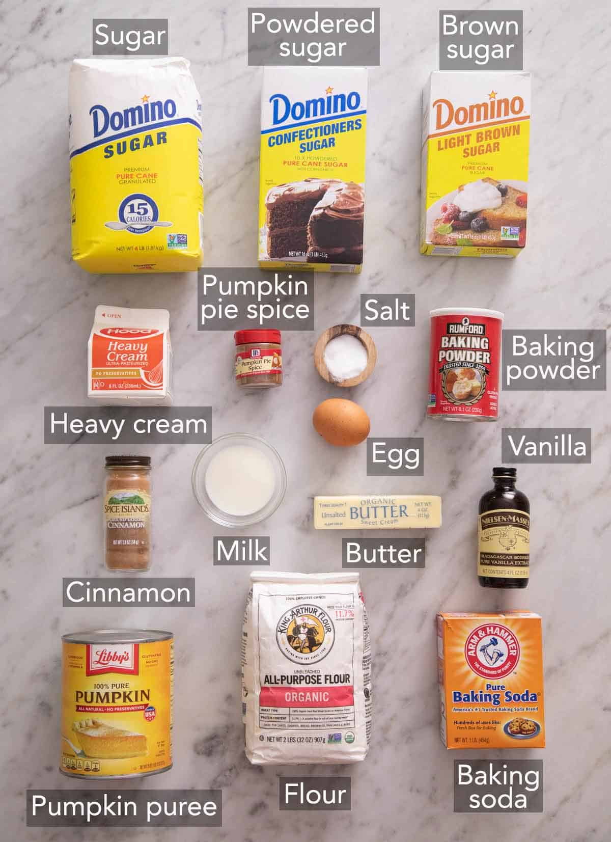 Ingredients needed to make pumpkin scones.