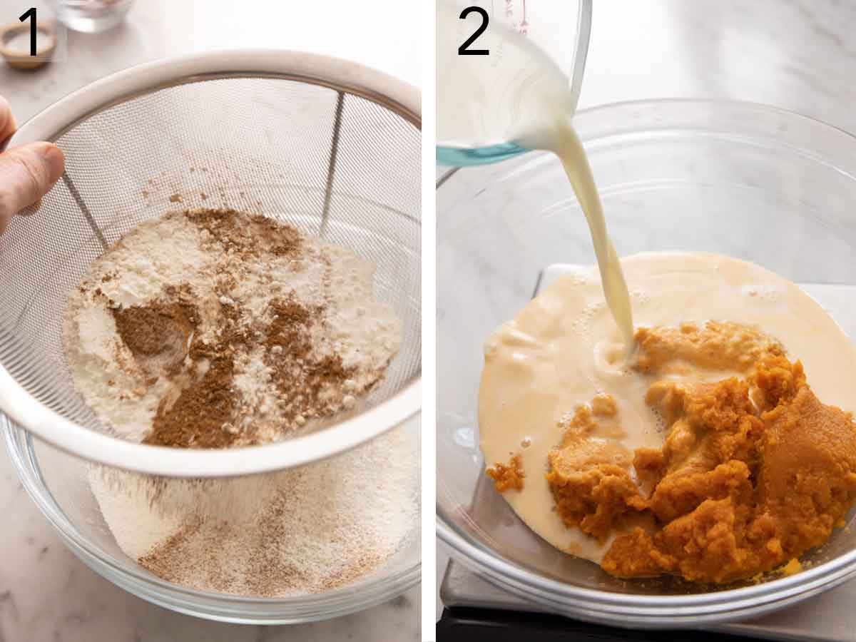 Set of two photos of dry ingredients being sifted and wet ingredients combined.