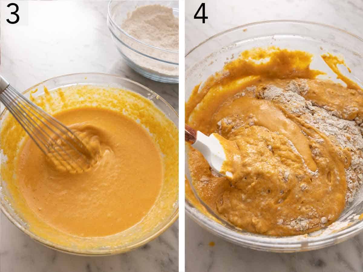 Set of two photos of the wet ingredients whisked together then combined with the dry ingredients.