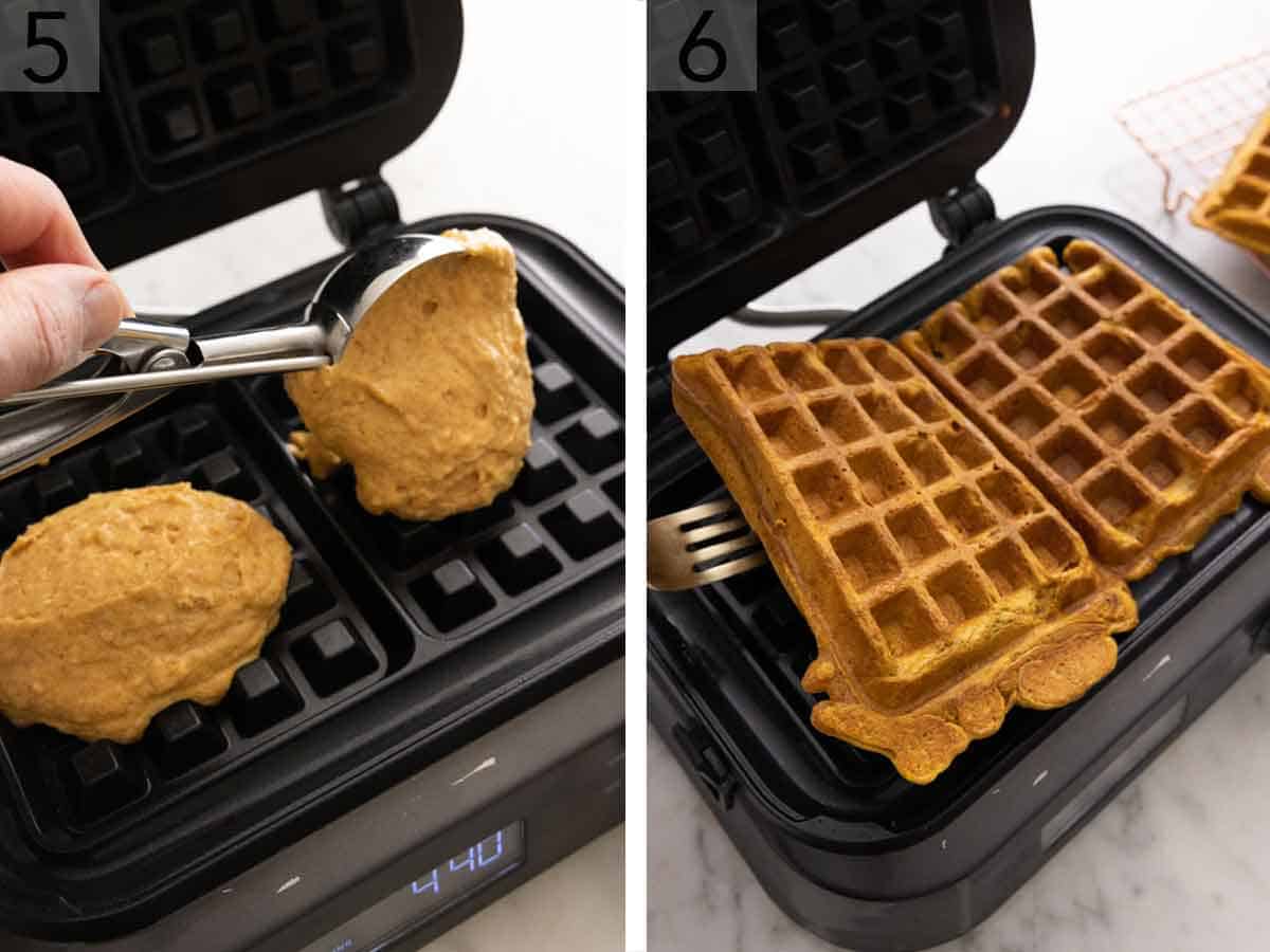 Set of two photos showing batter added to a waffle iron and the cooked waffles removed.
