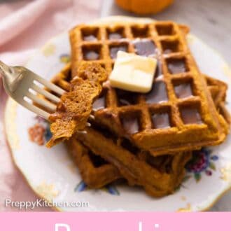 Pinterest graphic of a plate of pumpkin waffles with a fork holding up a bite.