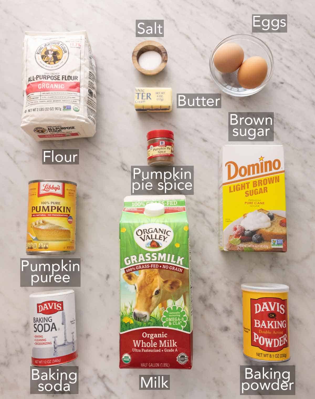 Ingredients needed to make pumpkin waffles.