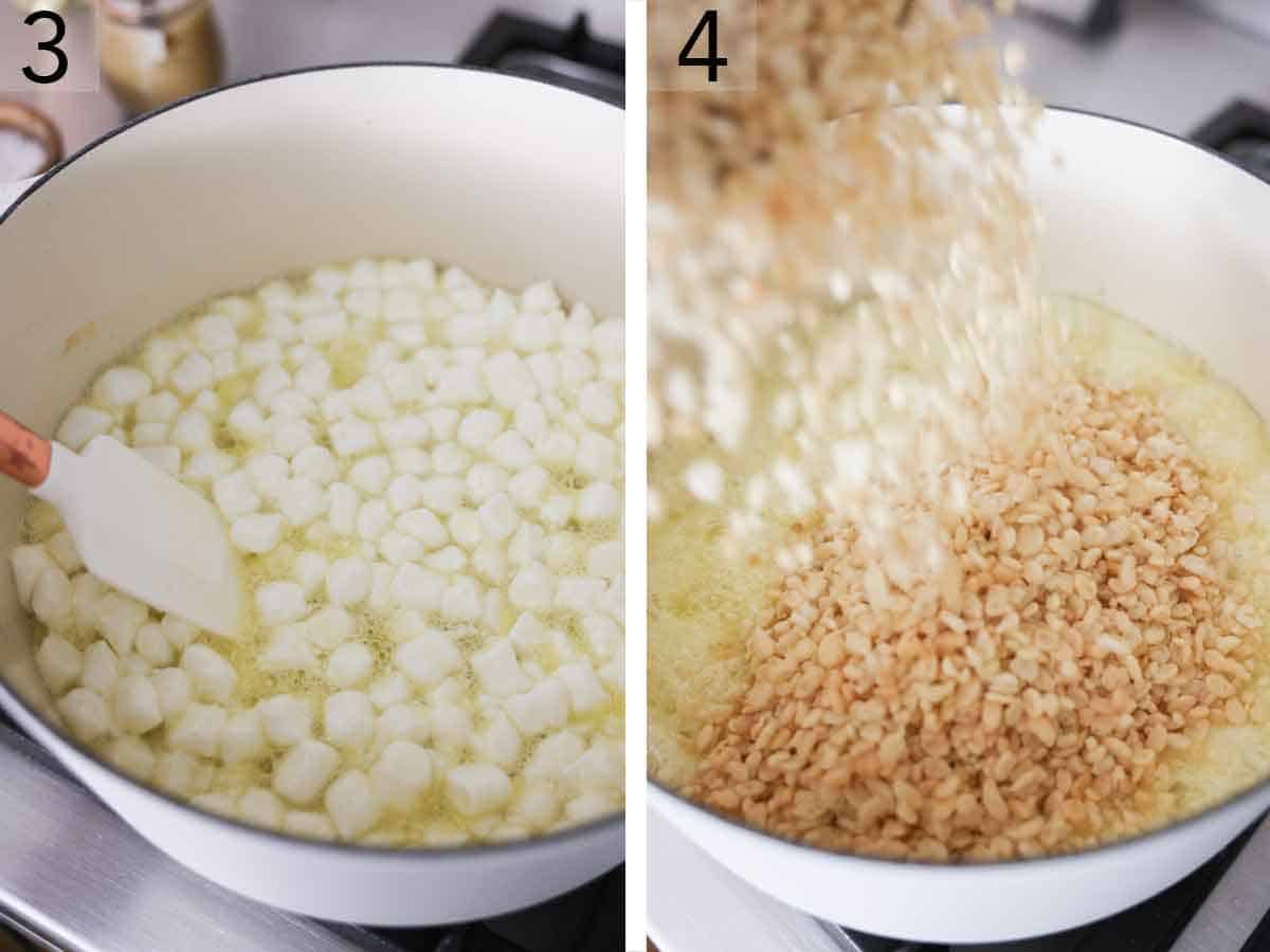 Set of two photos showing marshmallows added to a pot then rice krispies cereal poured in.