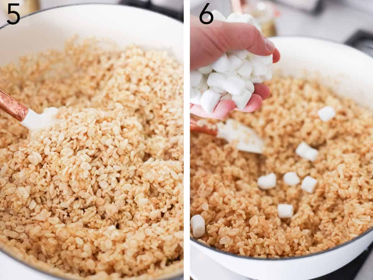 Set of two photos showing the cereal mixture stirred then more marshmallows added.