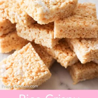 Pinterest graphic of a pile of rice krispie treats on a counter.