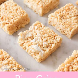 Pinterest graphic of multiple rice krispie treats in a single layer on a counter.