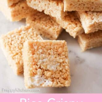 Pinterest graphic with a pile of rice krispie treats behind two squares, propped up.