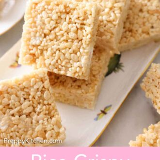 Pinterest graphic of a platter with multiple squares of rice krispie treats.
