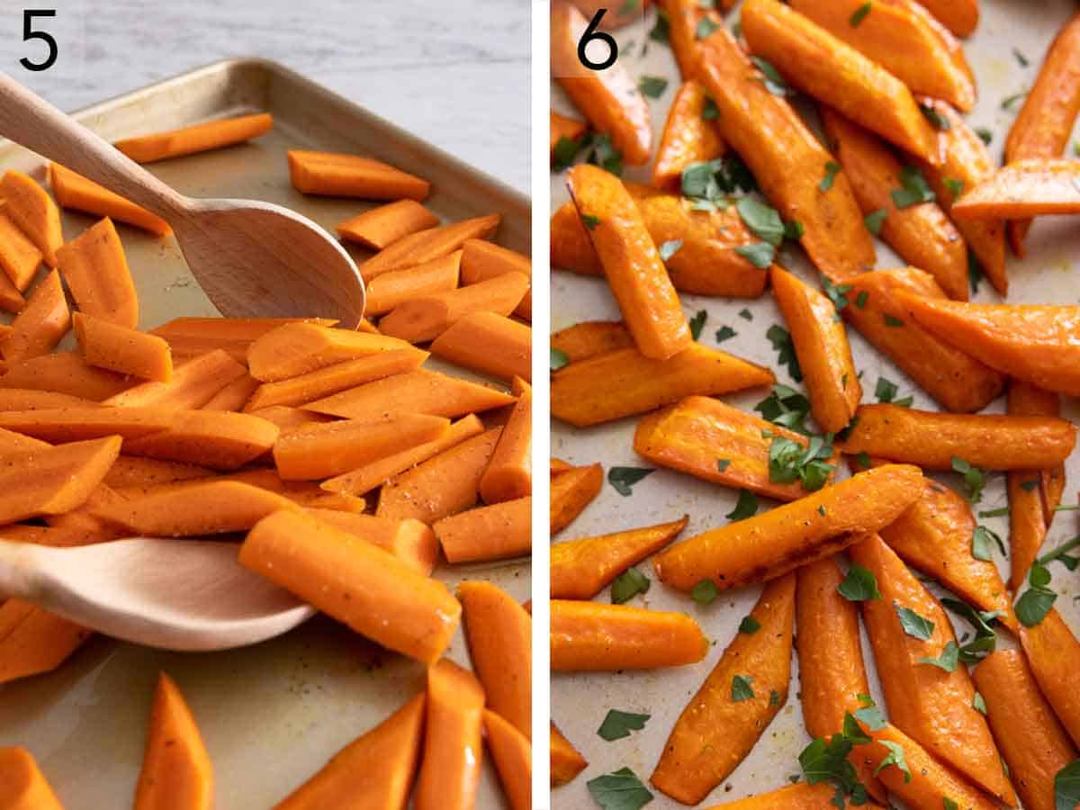 Set of two photos showing vegetables being tossed and then garnished with parsley when done baking.