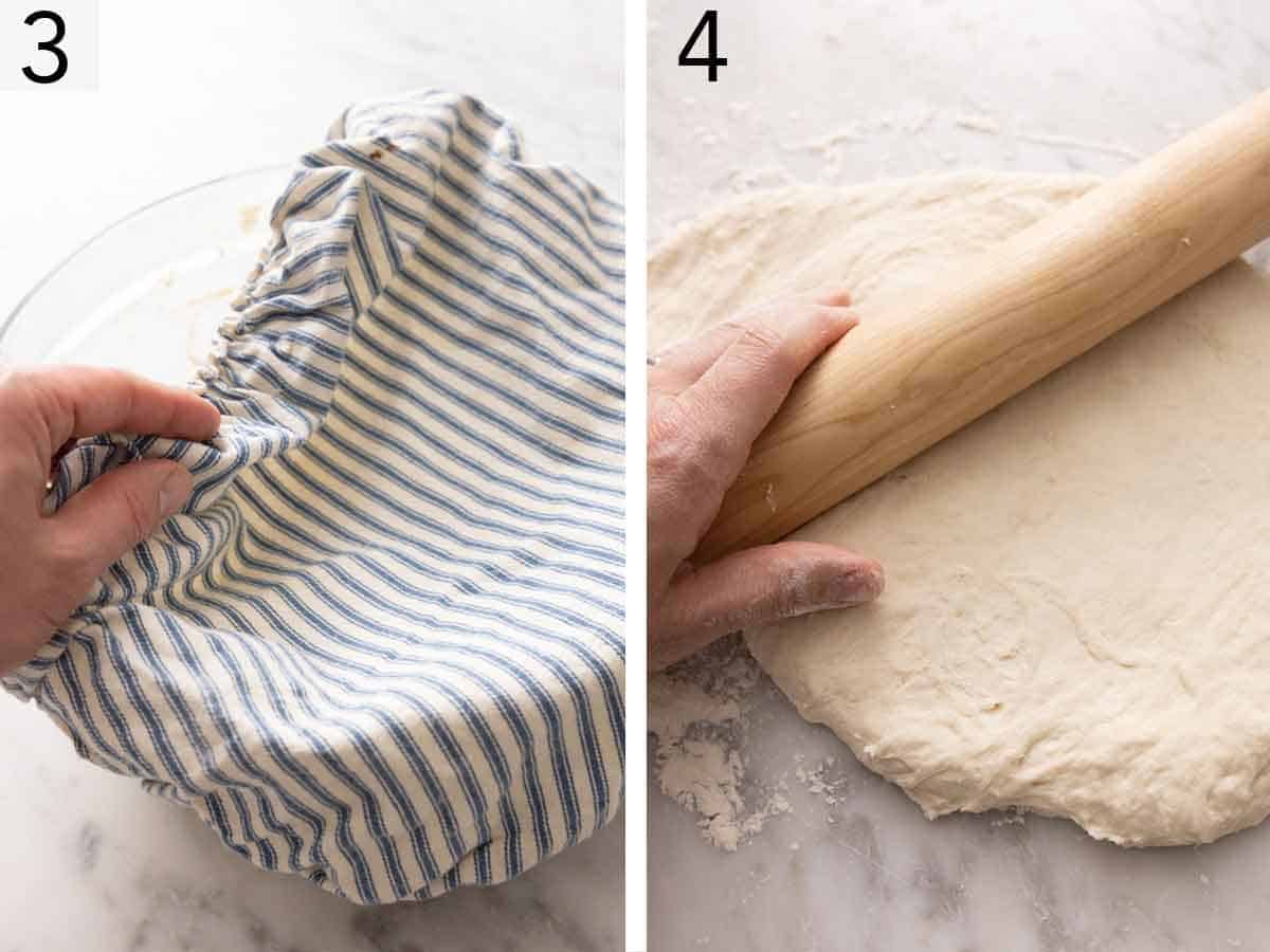 Set of two photos showing the dough resting then rolled out.