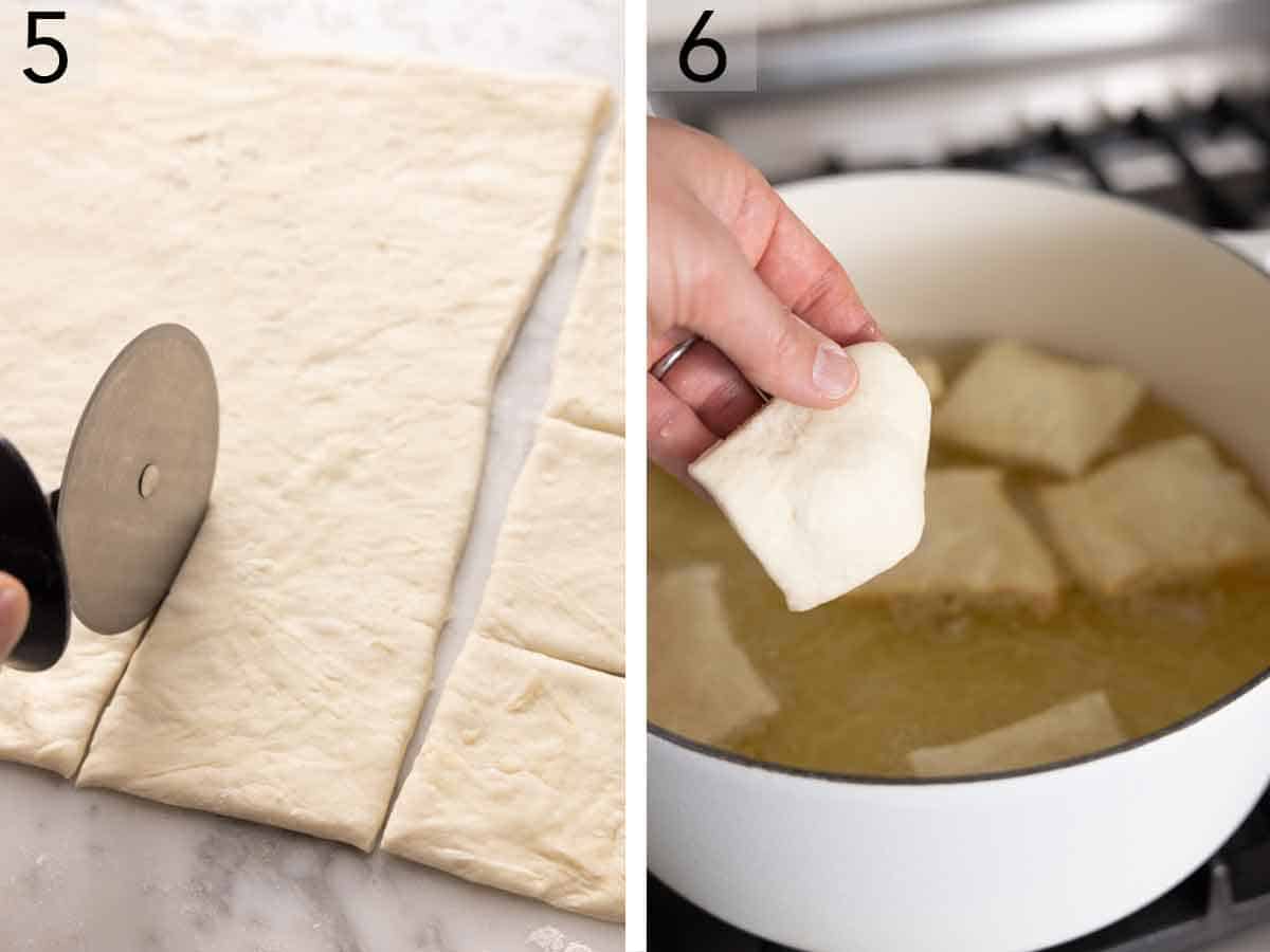 Set of two photos showing dough being cut into squares then added to oil to fry.