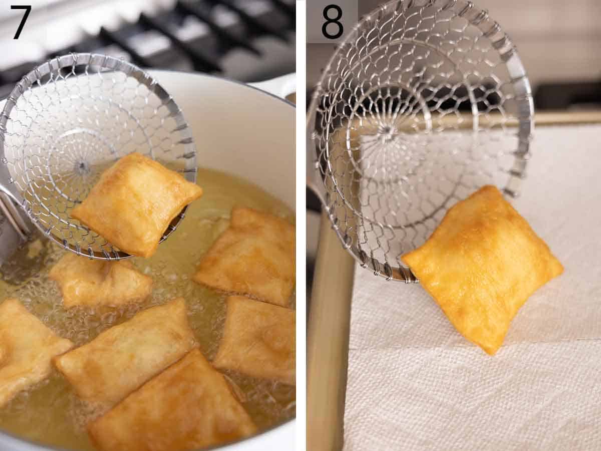 Set of two photos showing sopapillas removed from oil and set aside to drain.