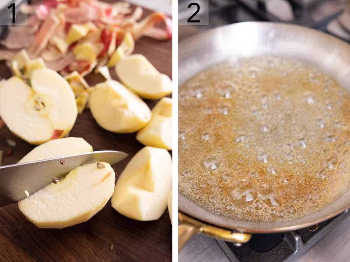 Set of two photos showing an apple being quartered and sugar melted in a pan.