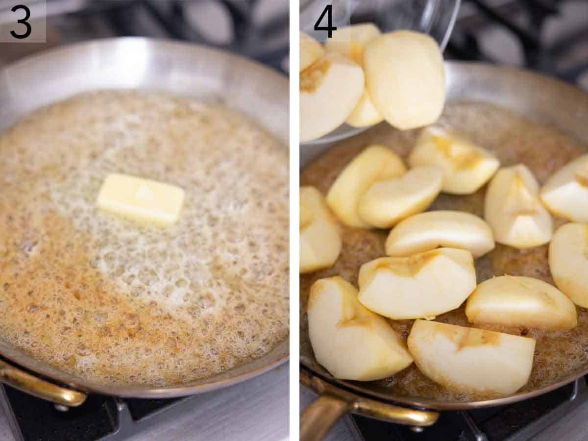 Set of two photos showing butter added to the melted sugar then cut apples added.