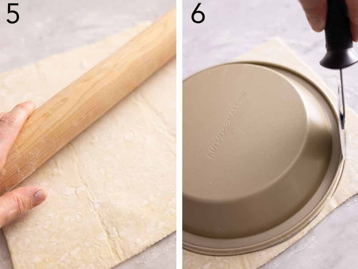 Set of two photos showing puff pastry rolled out and cut into a circle.