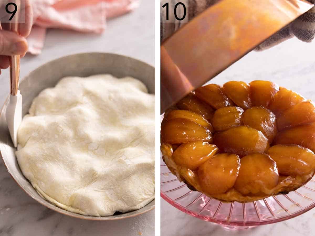Set of two photos showing puff pastry added on top of the apples in the pan before inverted on a serving plate after being baked.
