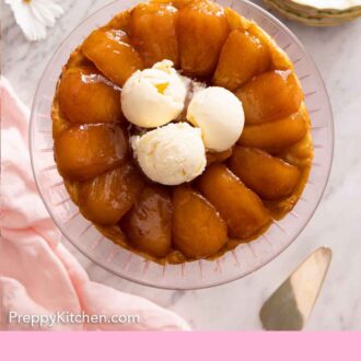 Pinterest graphic of a tarte Tatin with three scoops of vanilla ice cream in the middle.
