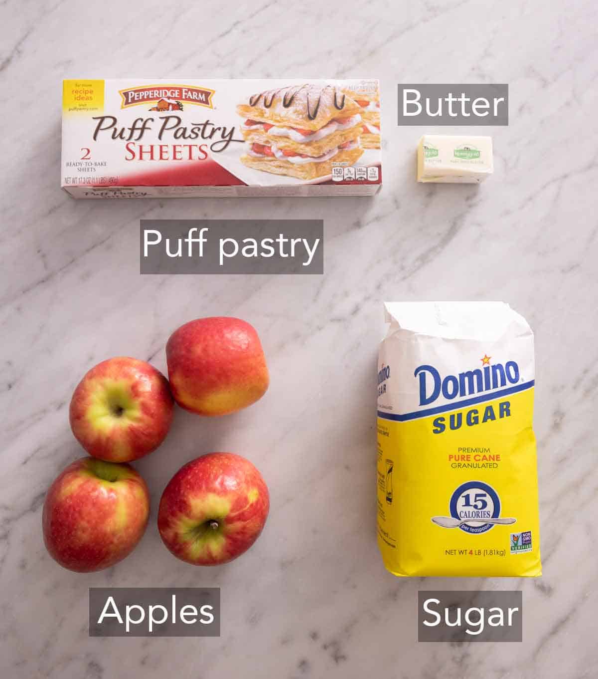 Ingredients needed to make tarte Tatin.