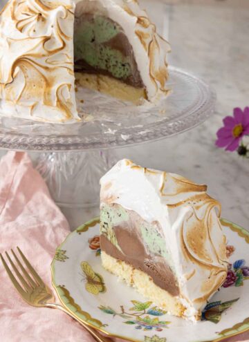 A plate with a slice of baked Alaska in front of the rest of the dessert.
