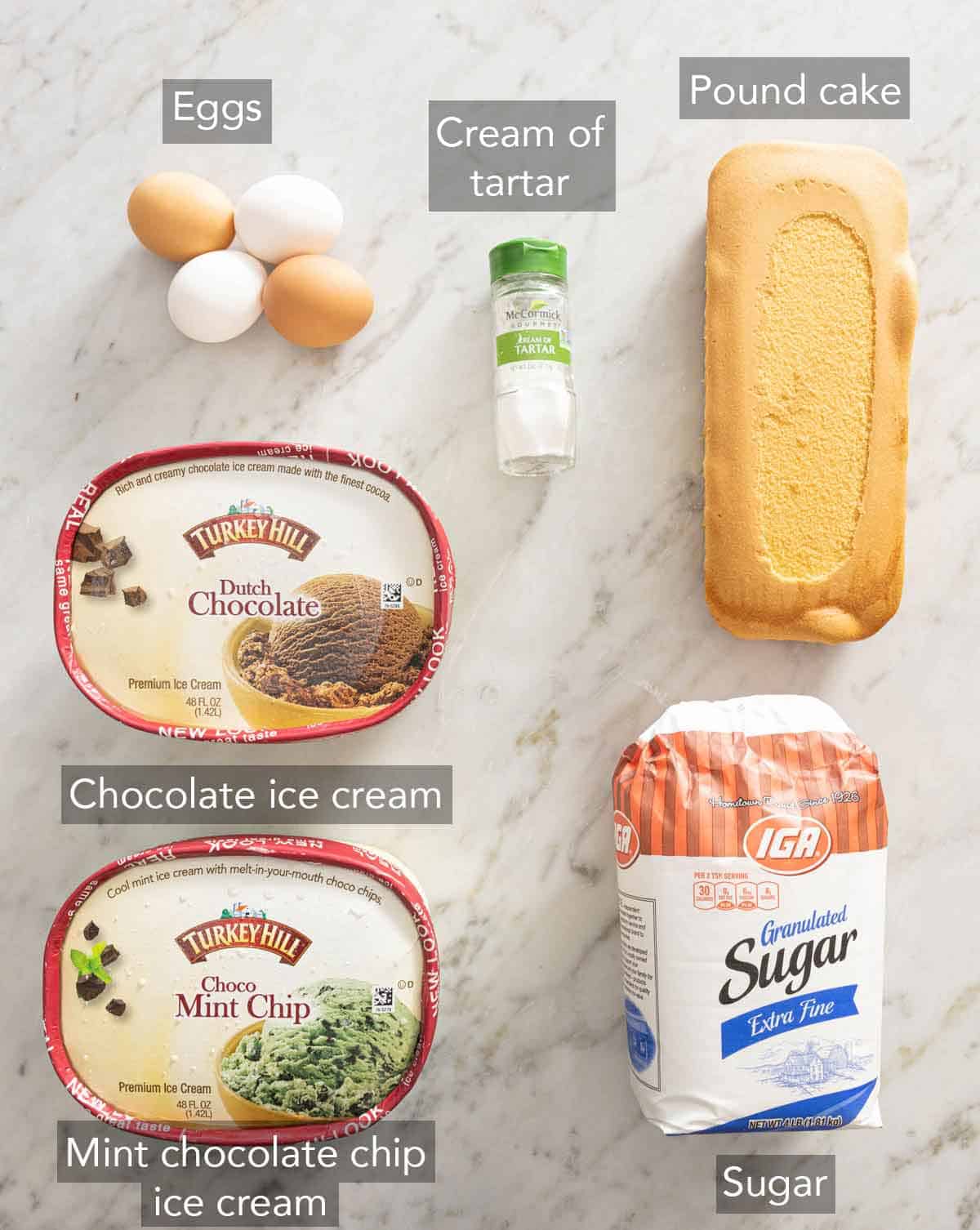 Ingredients needed to make a baked Alaska.