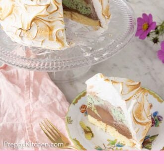 Pinterest graphic of a baked Alaska with a serving on a plate in front.