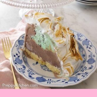 A slice of baked Alaska on a plate.