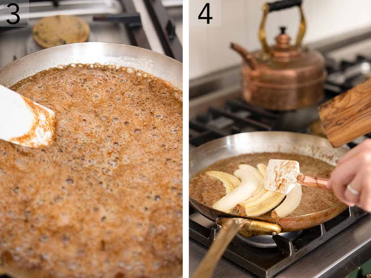 Set of two photos showing sauce simmering and bananas added in.
