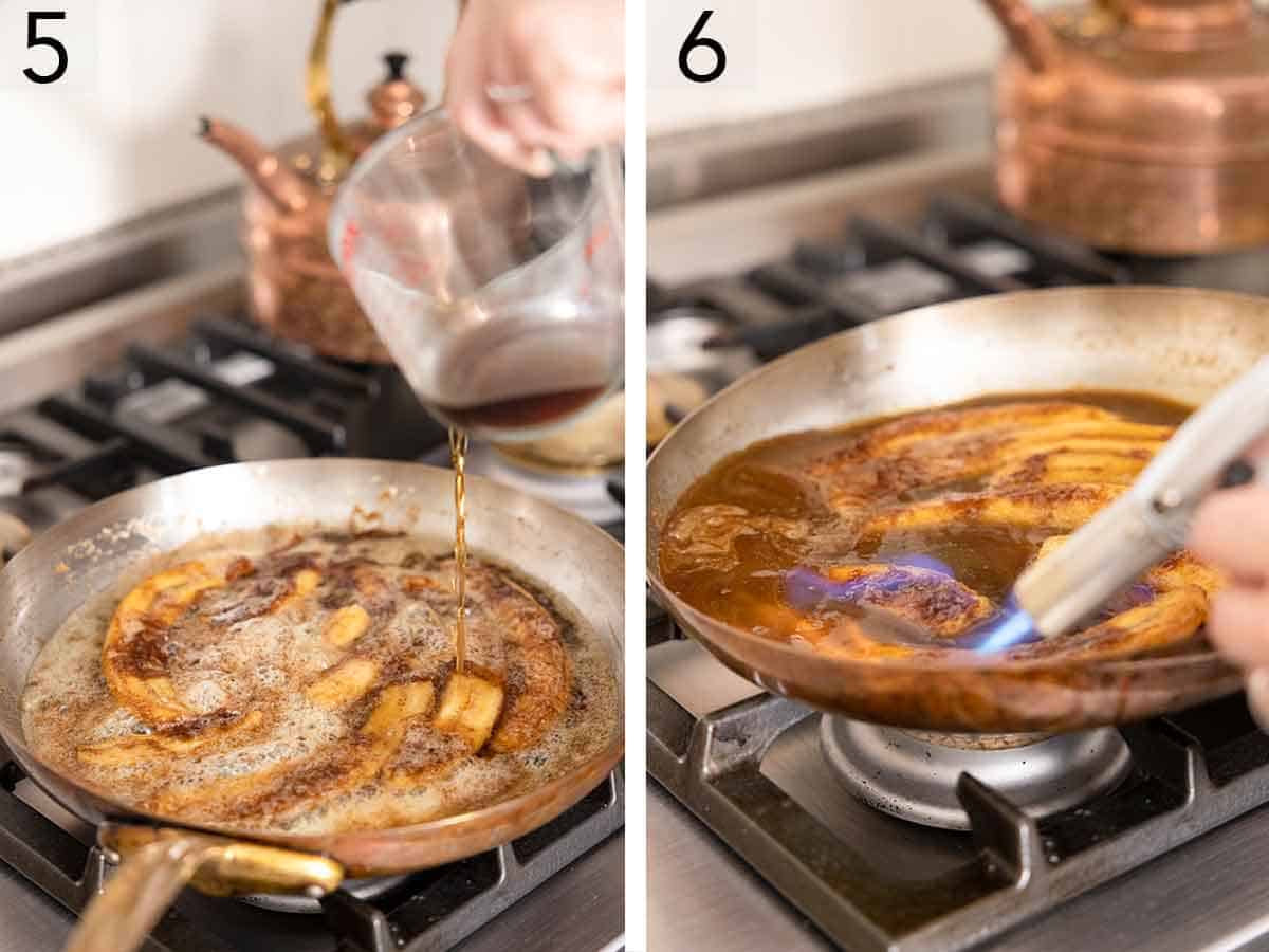 Set of two photos showing rum added then flamed with a blow torch.