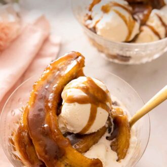 Pinterest graphic of a bowl of Banana Foster in front of a second.