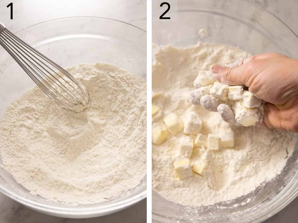 Set of two photos showing dry ingredients whisked and butter being added in.