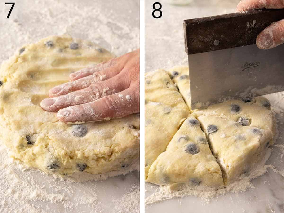 Set of two photos showing the dough knead together then cut into triangles.
