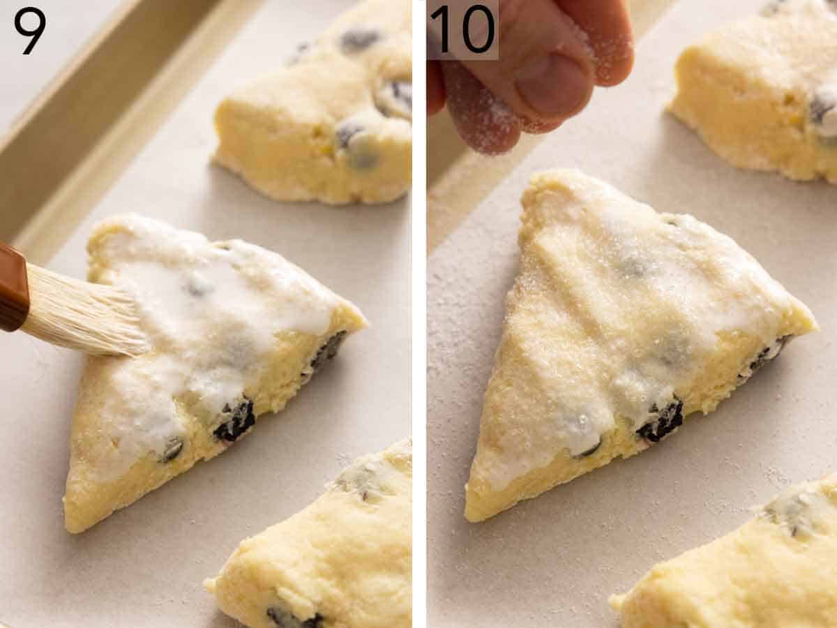 Set of two photos showing cream brushed on then sugar sprinkled onto the scones.