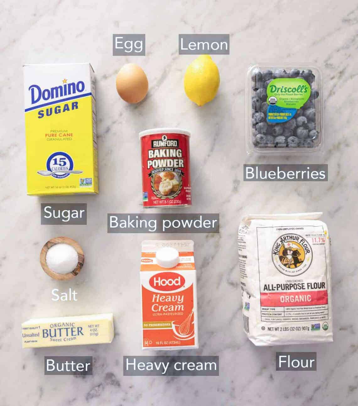 Ingredients needed to make blueberry scones.