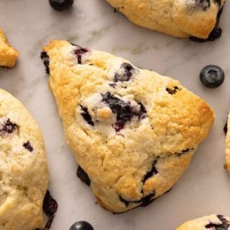 Overhead view of multiple blueberry scones with blueberries scattered around.