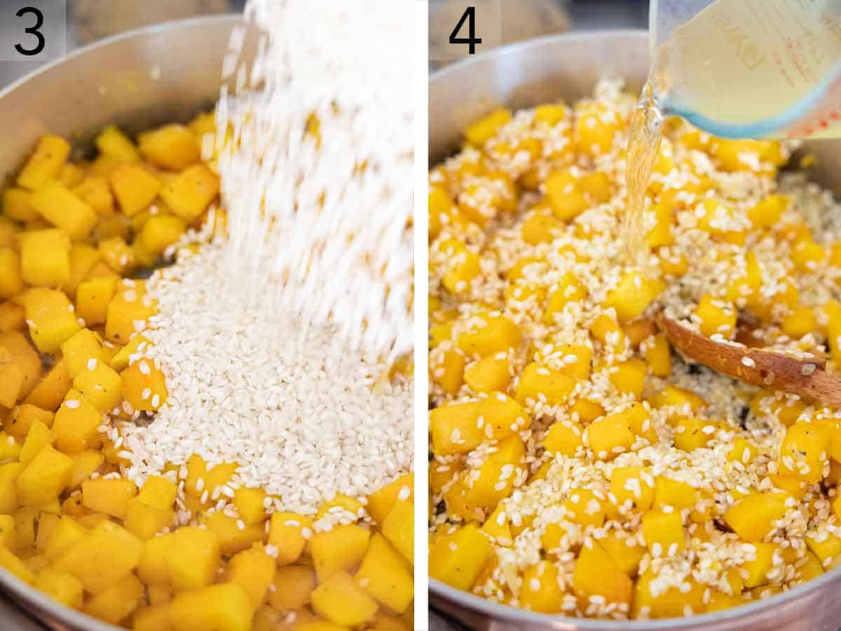 Set of two photos showing arborio rice and wine added to the pan.