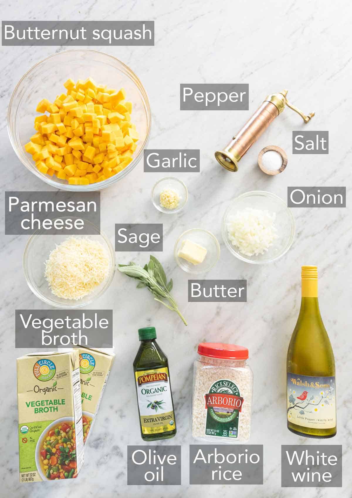 Ingredients needed to make butternut squash risotto.