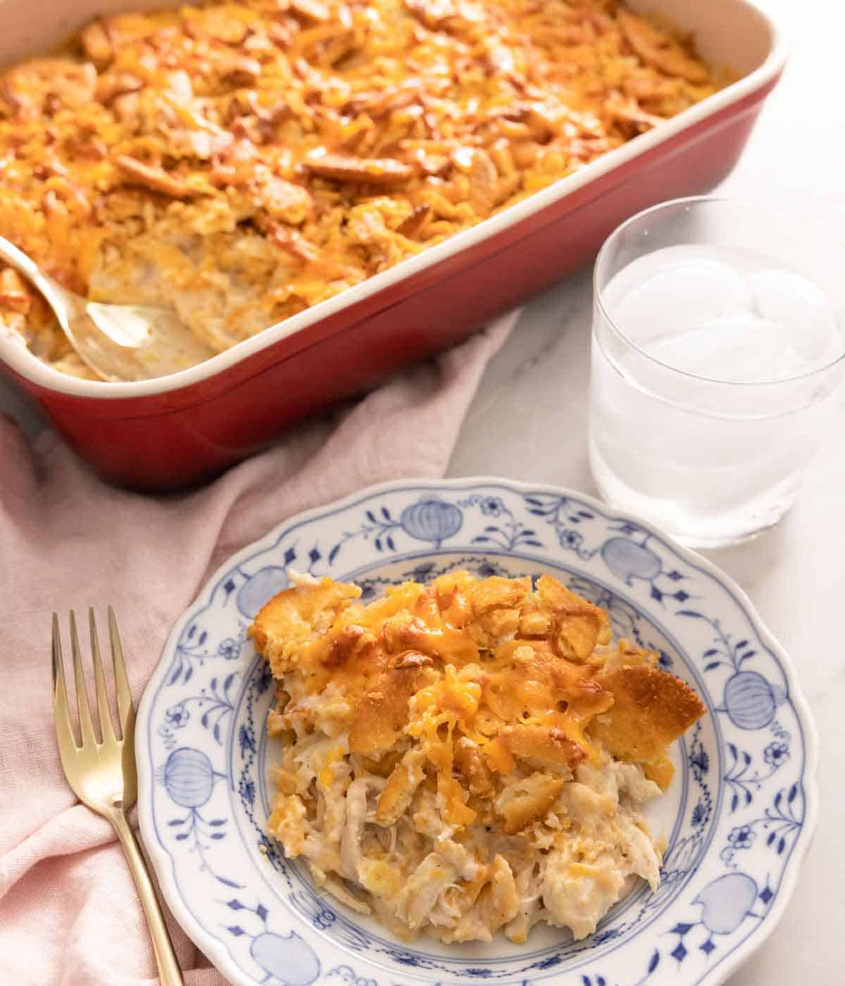 A plate with a serving of chicken casserole.