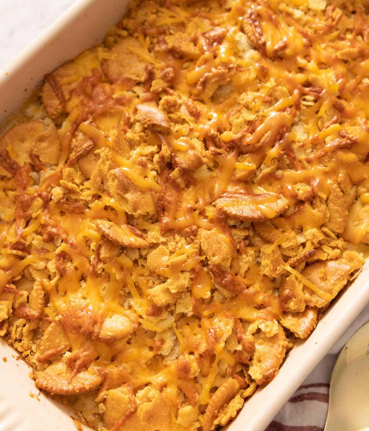 Overhead view of a chicken casserole.