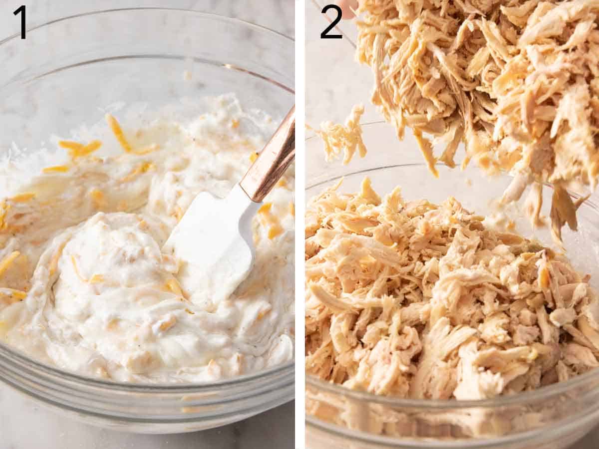 Set of two photos showing condensed cream of chicken soup mixed with all the other ingredients, then shredded chicken added.