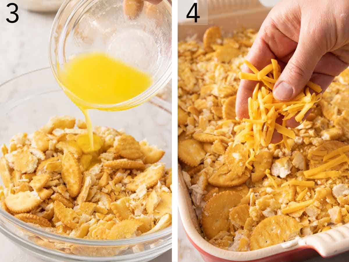 Set of two photos showing melted butter added to crushed crackers and cheese added on top of the casserole.