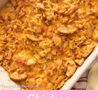 Pinterest graphic of the overhead view of a chicken casserole in a baking dish.