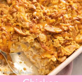 Pinterest graphic of a chicken casserole in a ceramic baking dish.