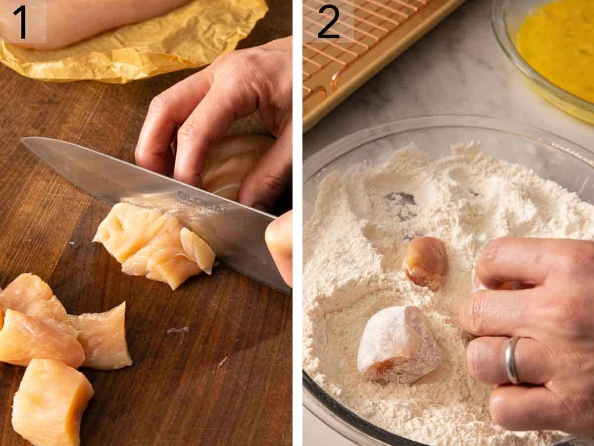 Set of two photos showing chicken thighs cut and coated with flour.